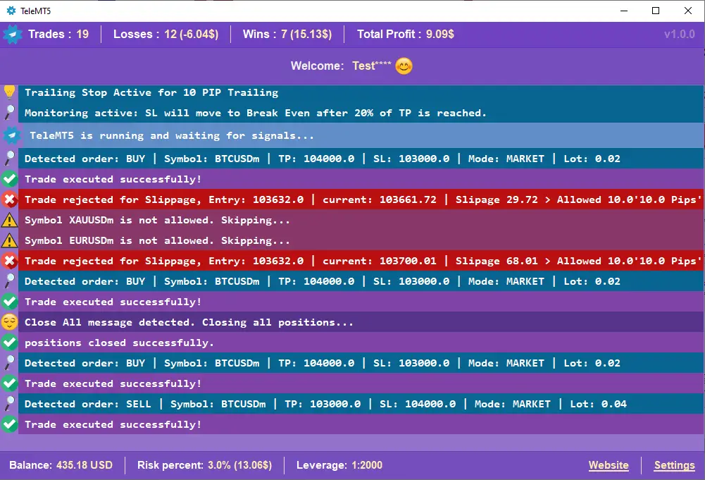 TeleMT5 Main Interface - Trade Copying Dashboard